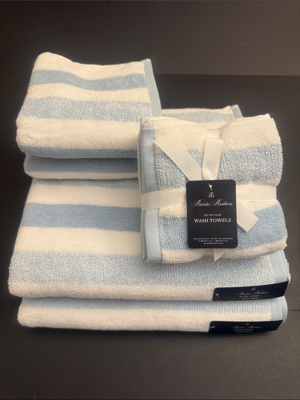 8pc BROOKS BROTHERS Cotton Oversized Light Blue & White Stripe Bath Towel Set